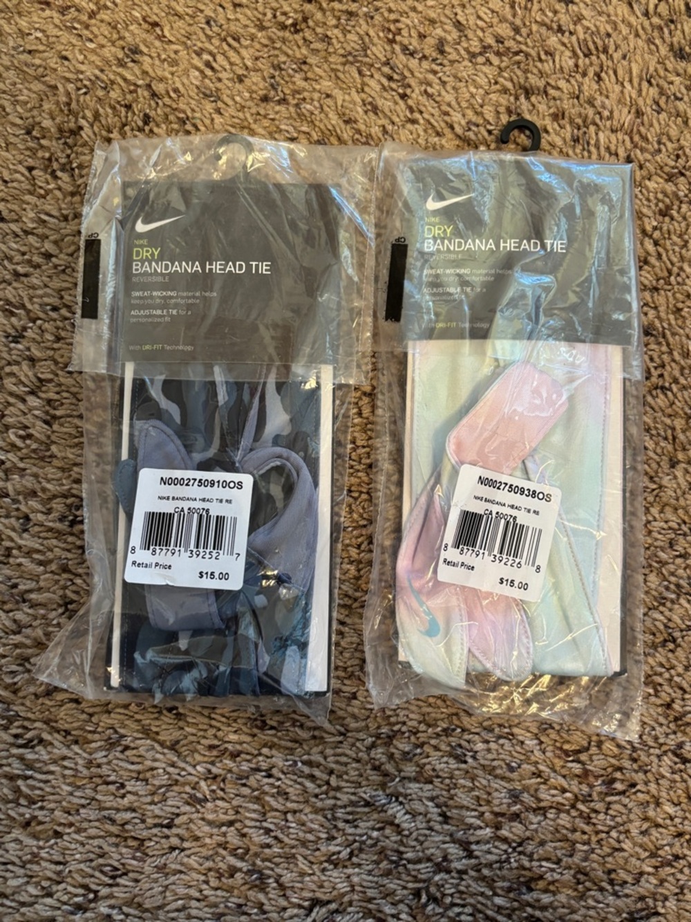 Nike Pack of 2 Dry-Fit Bandana Head Ties — Blue Camo & Pastel Tie-Dye - NWT